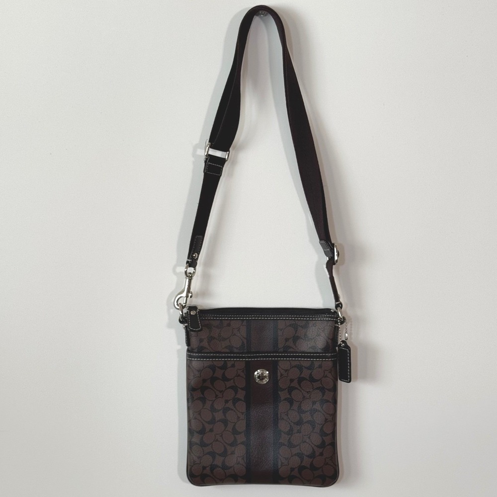 Coach Heritage Stripe North South Swingpack Crossbody Bag Brown Black Signature